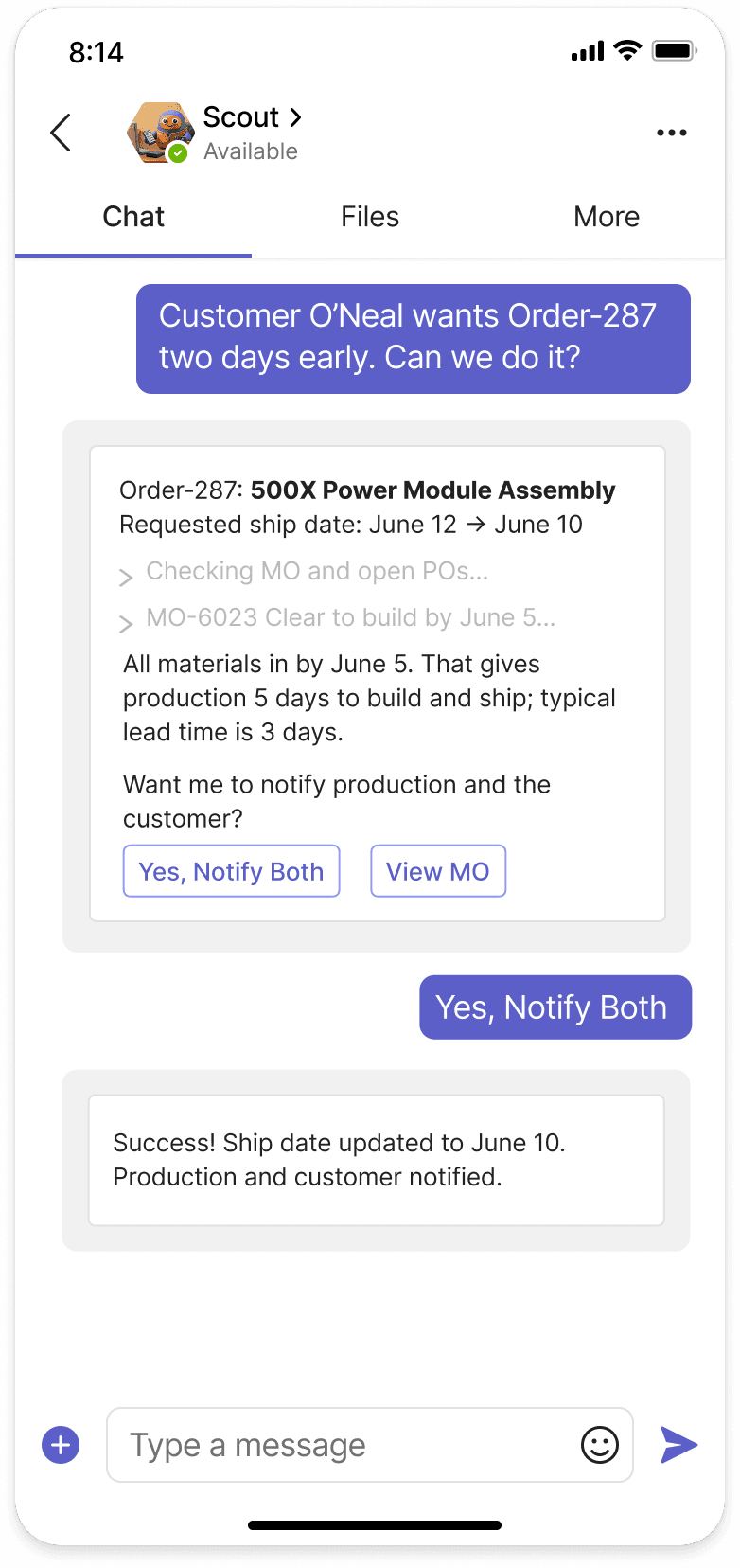 Scout AI agent on Microsoft Teams checking manufacturing order clear-to-build status and notifying production of an expedited customer order